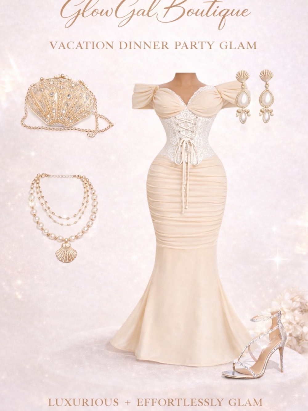 Ivory Off-Shoulder Lace Corset Mermaid Maxi Dress